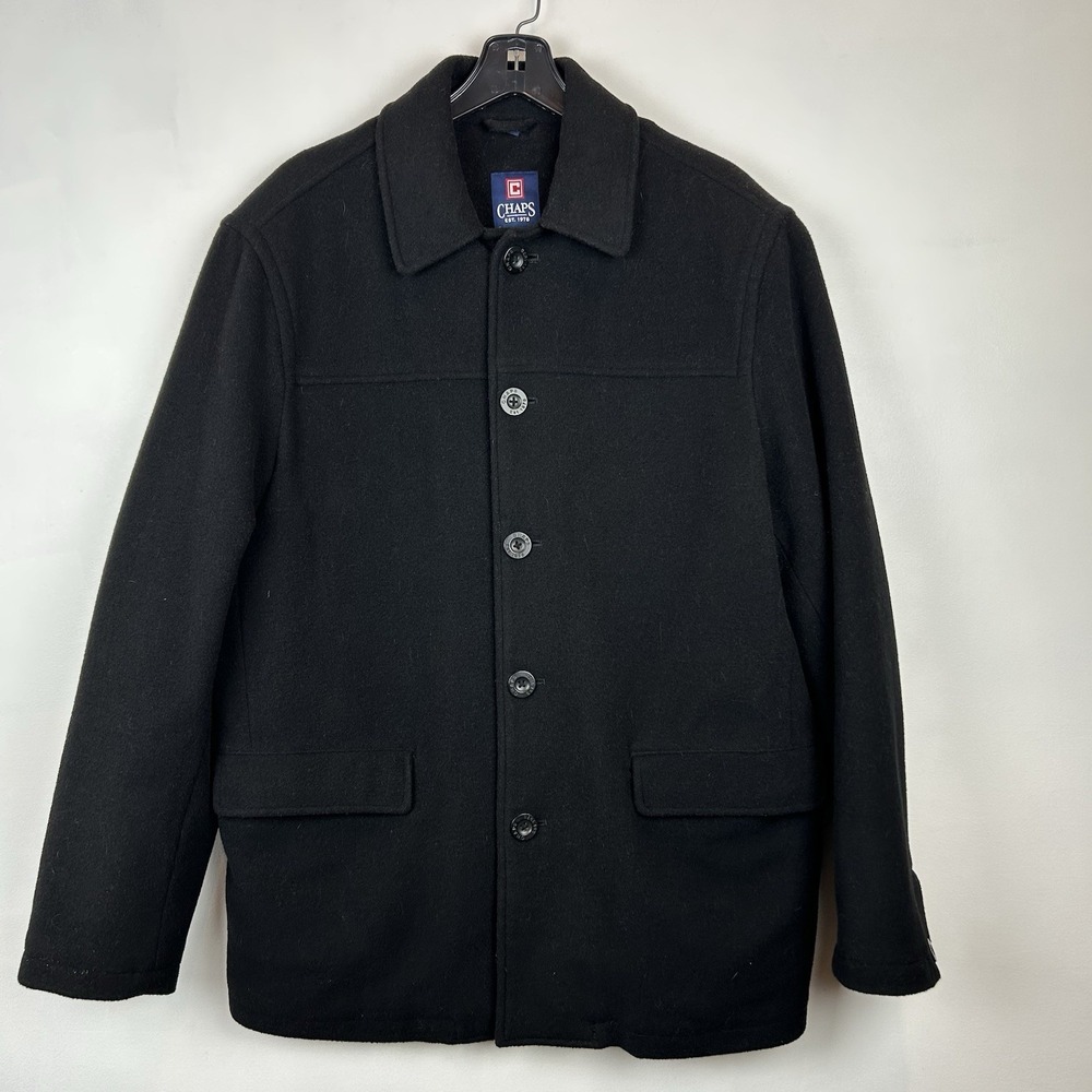 Chaps Pea Coat Men Medium Mid Length Wool Blend Black Quilted Lining Preppy